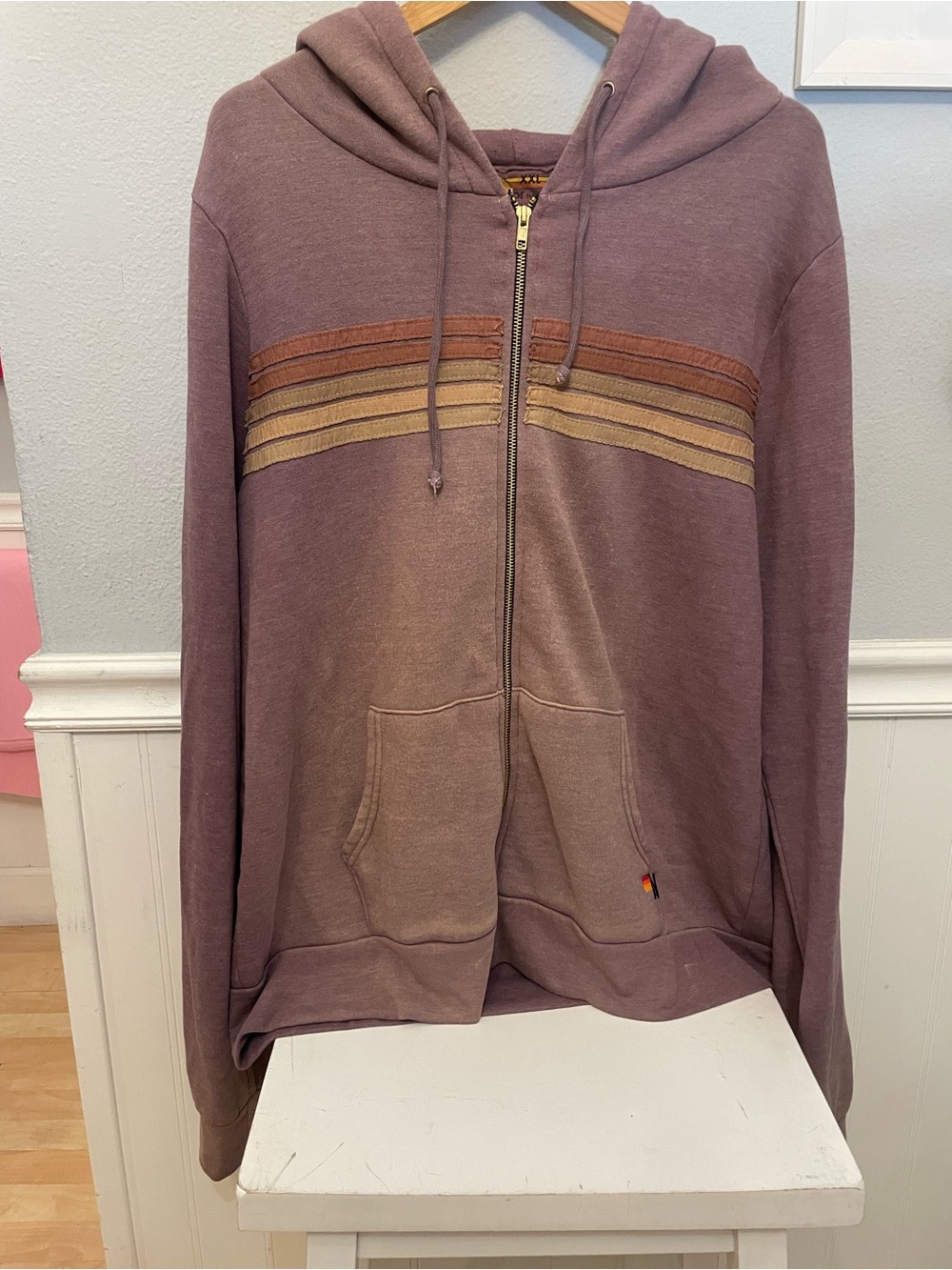 Aviator Nation Men's Zip-Up Hoodie in Mauve with Tan Stripes